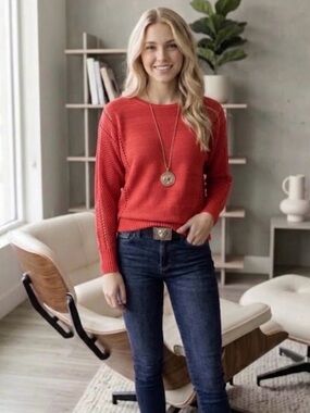 🔴 Rust Crewneck Women's Sweater - Casual Knit Pullover-One Size